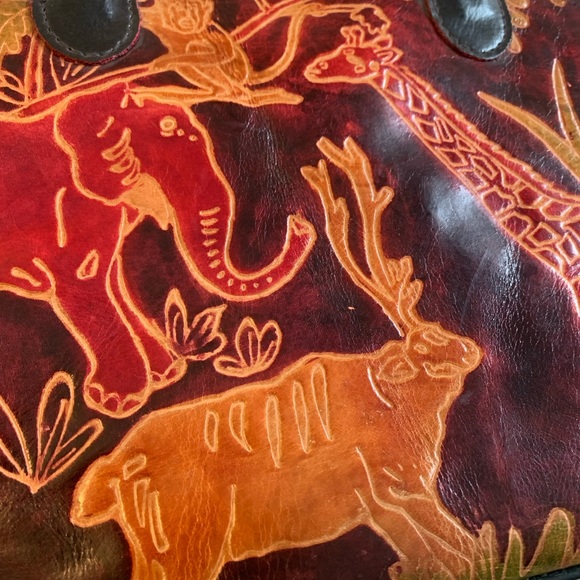 Vintage 1970s Leather Safari Print Shoulder/Tote Bag Made in India - Picture 5 of 7
